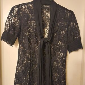 Black lace button down blouse with scarf detail - White House Black Market